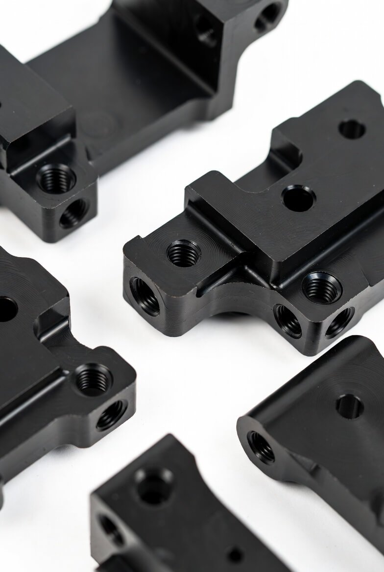 Black CNC machined metal brackets with threaded holes and mounting points, arranged on a white background.