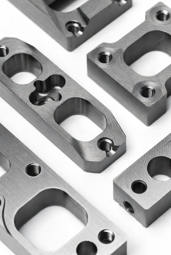 Gray PA nylon CNC precision machined component with complex holes, threaded inserts, and streamlined contours, showing clear tool marks on the surface.