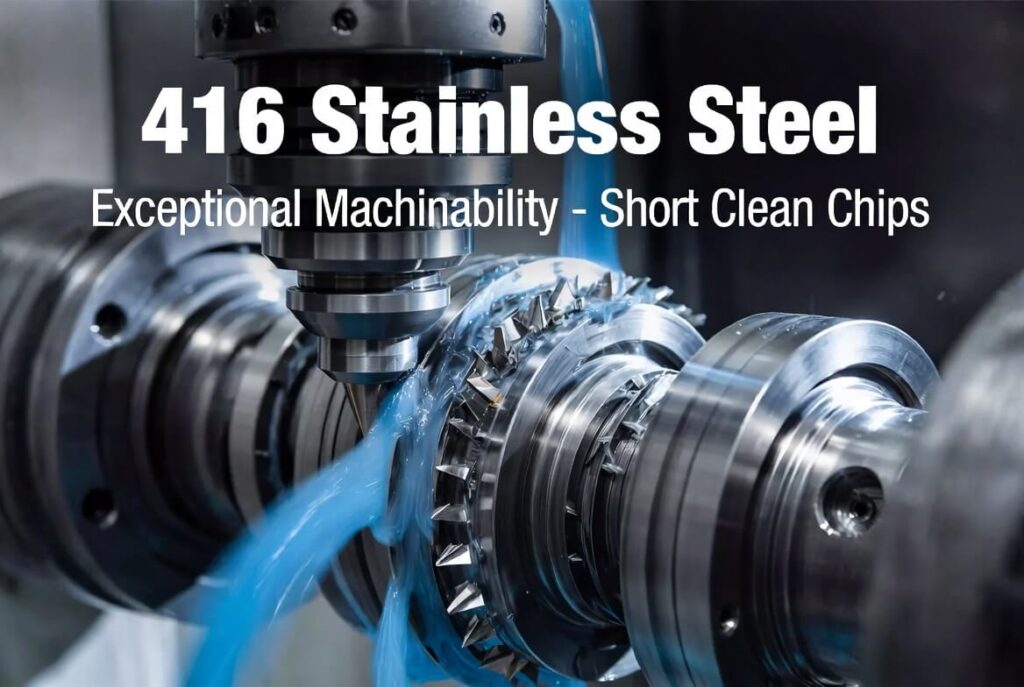 CNC turning/milling of 416 stainless steel showing short clean chips and smooth machined surface finish