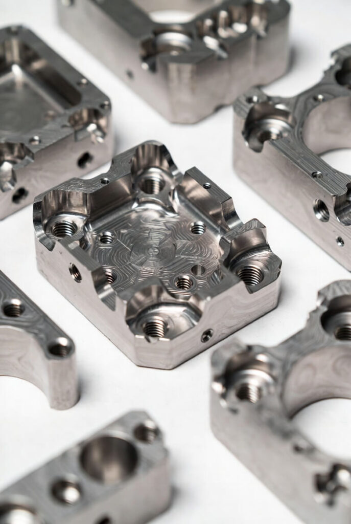 Titanium alloy CNC precision machined part featuring distinctive flowing tool marks (water ripple pattern), high-strength lightweight design, and neatly arranged threaded holes.