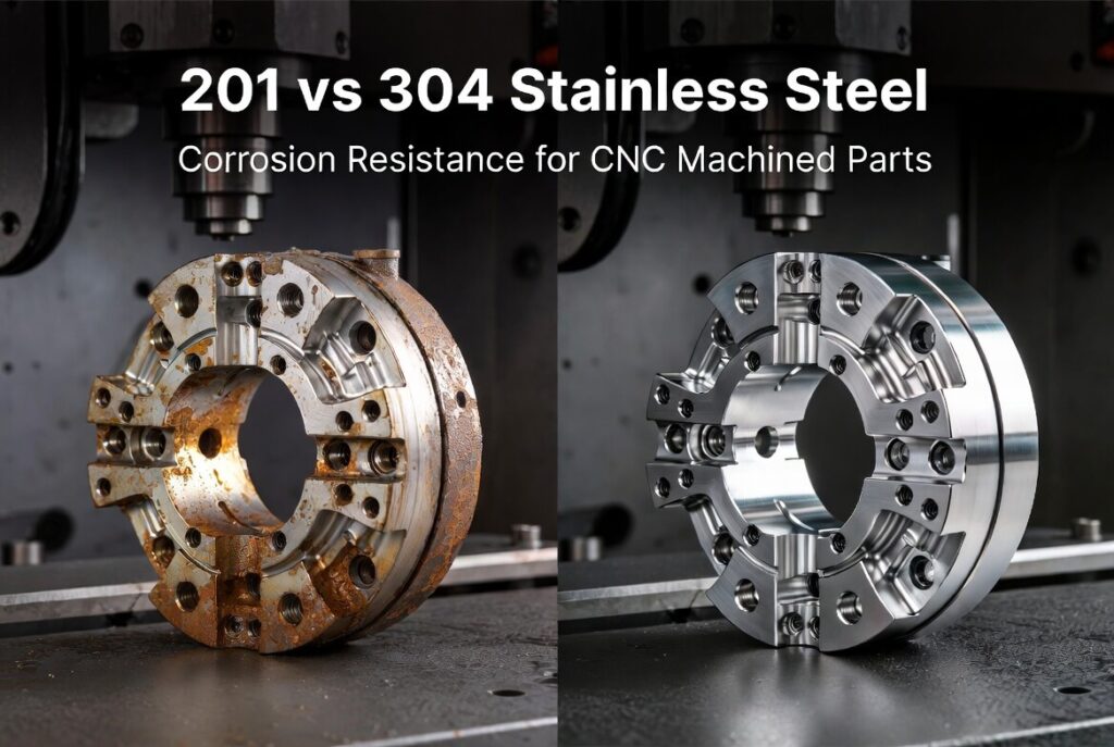 Side-by-side comparison: 201 stainless steel CNC part showing rust and corrosion vs 304 stainless steel CNC part staying clean and shiny