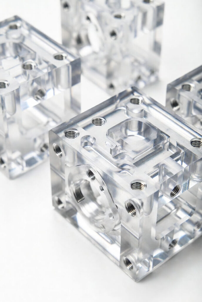 Transparent PC polycarbonate CNC machined cubic component with visible internal cavities and high-precision threaded holes, offering excellent optical clarity.