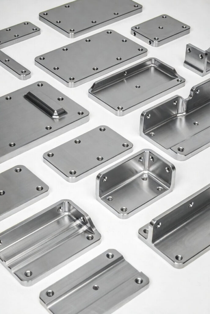 Stainless steel CNC machined panels, brackets, and enclosures with multiple mounting holes and precision features, displaying a uniform brushed surface finish.