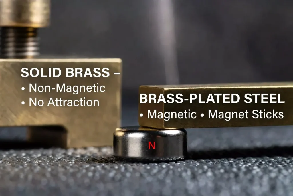 Neodymium magnet test showing solid brass is non-magnetic while brass-plated steel is magnetic, with clear English labels