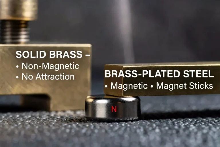 Neodymium magnet test showing solid brass is non-magnetic while brass-plated steel is magnetic, with clear English labels