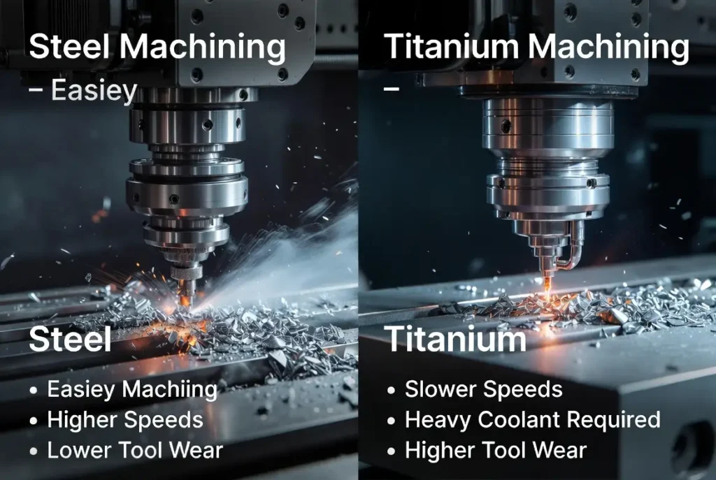 Side-by-side CNC machining comparison showing steel (easier) vs titanium (more challenging) with clear English explanations of machinability differences
