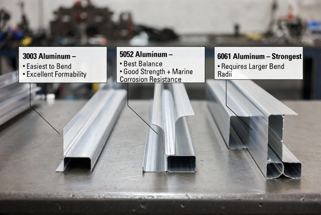 Three bent aluminum parts labeled 3003 (easiest to bend), 5052 (best balance), and 6061 (highest strength) with clear English descriptions