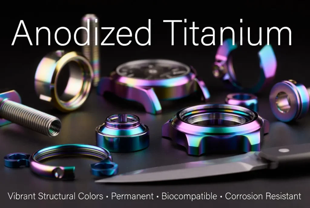 Collection of anodized titanium CNC parts (bolts, watch case, knife scales, medical components) showing vibrant rainbow interference colors with English labels