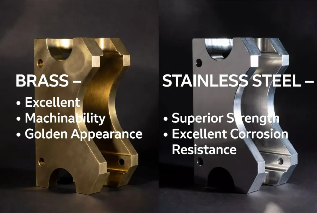 Premium side-by-side comparison of golden brass and silver stainless steel CNC parts with large bold English labels
