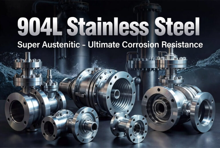 Collection of CNC machined 904L stainless steel parts: valves, pumps, chemical fittings, and marine components with superior polish and corrosion resistance