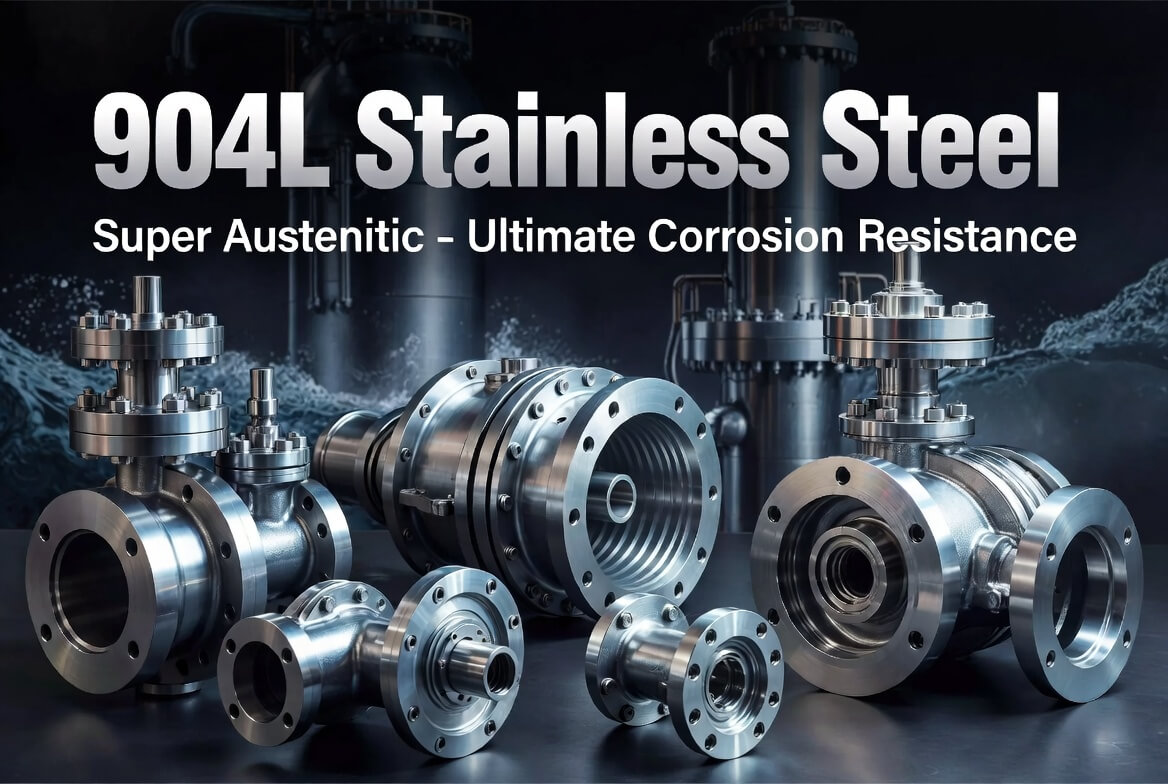 Collection of CNC machined 904L stainless steel parts: valves, pumps, chemical fittings, and marine components with superior polish and corrosion resistance