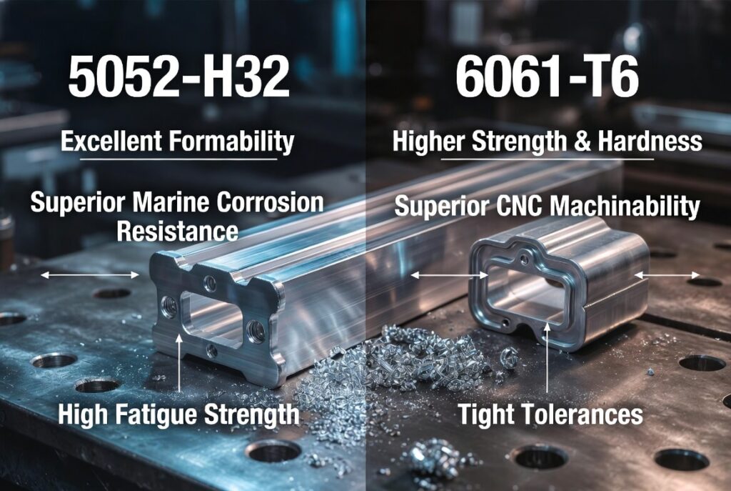 Side-by-side 5052-H32 vs 6061-T6 aluminum CNC parts with clear English benefit labels for each alloy