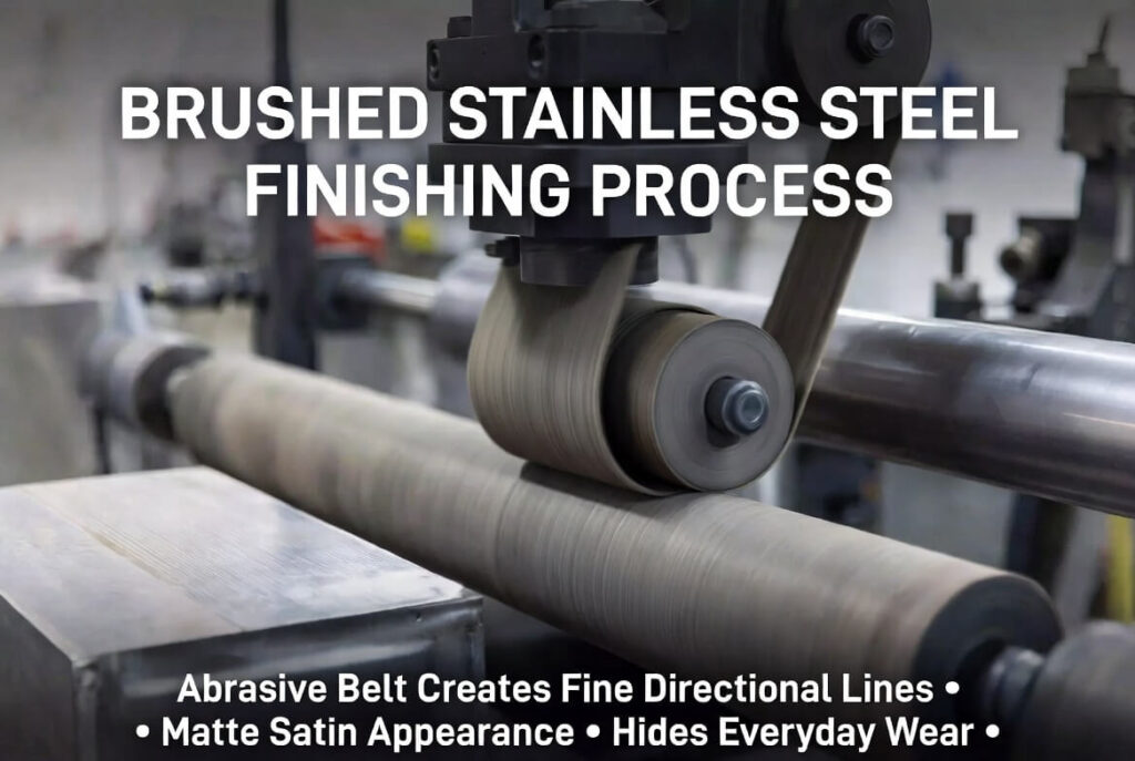 Abrasive belt brushing process on stainless steel with English text overlay explaining the brushed finish creation and benefits