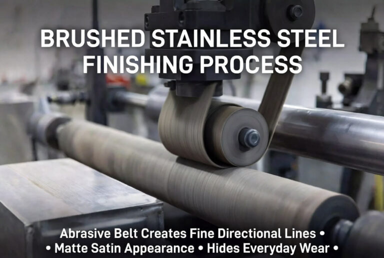 Abrasive belt brushing process on stainless steel with English text overlay explaining the brushed finish creation and benefits