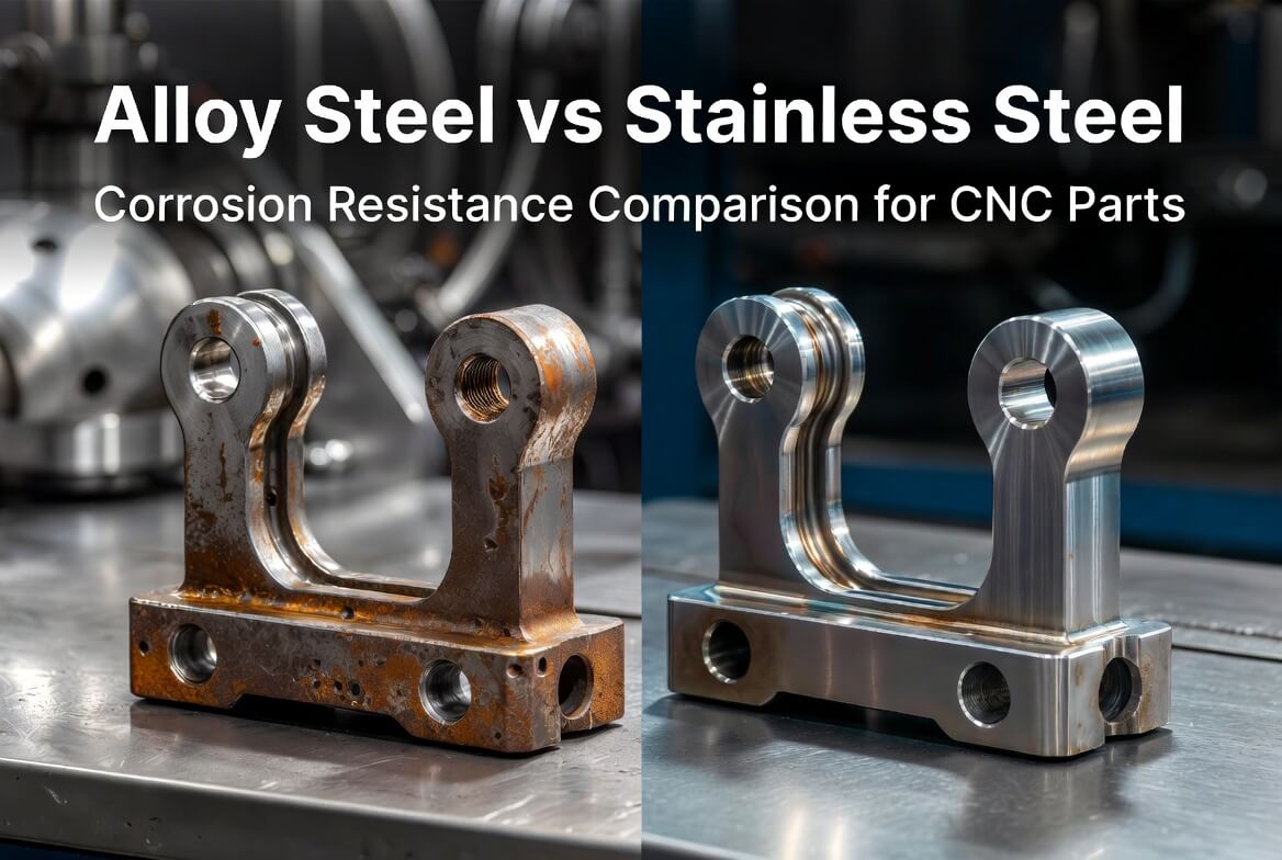 Side-by-side comparison of CNC machined alloy steel part showing rust vs stainless steel part staying clean and shiny