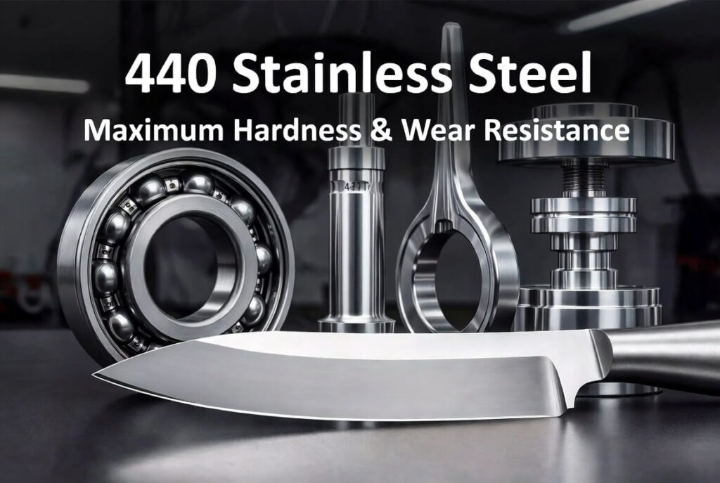Polished 440C stainless steel knife blade displayed next to CNC machined ball bearings, surgical instruments, and precision parts