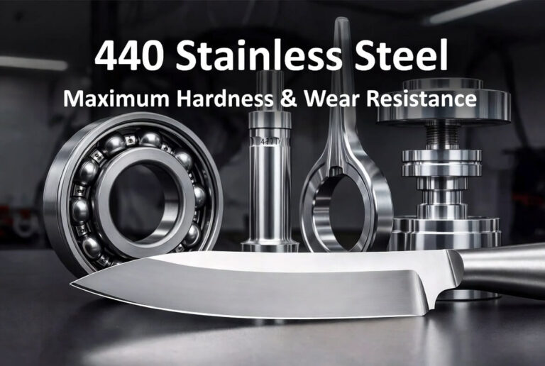 Polished 440C stainless steel knife blade displayed next to CNC machined ball bearings, surgical instruments, and precision parts