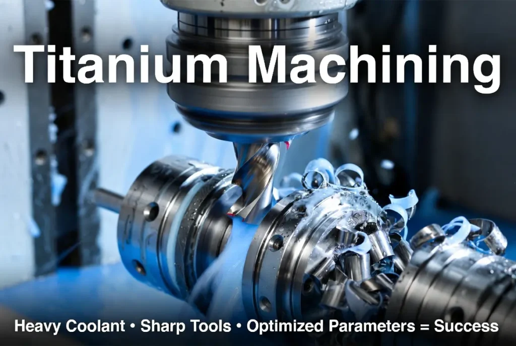 CNC milling titanium aerospace part with heavy coolant flow and high-quality surface finish, with English labels for best practices
