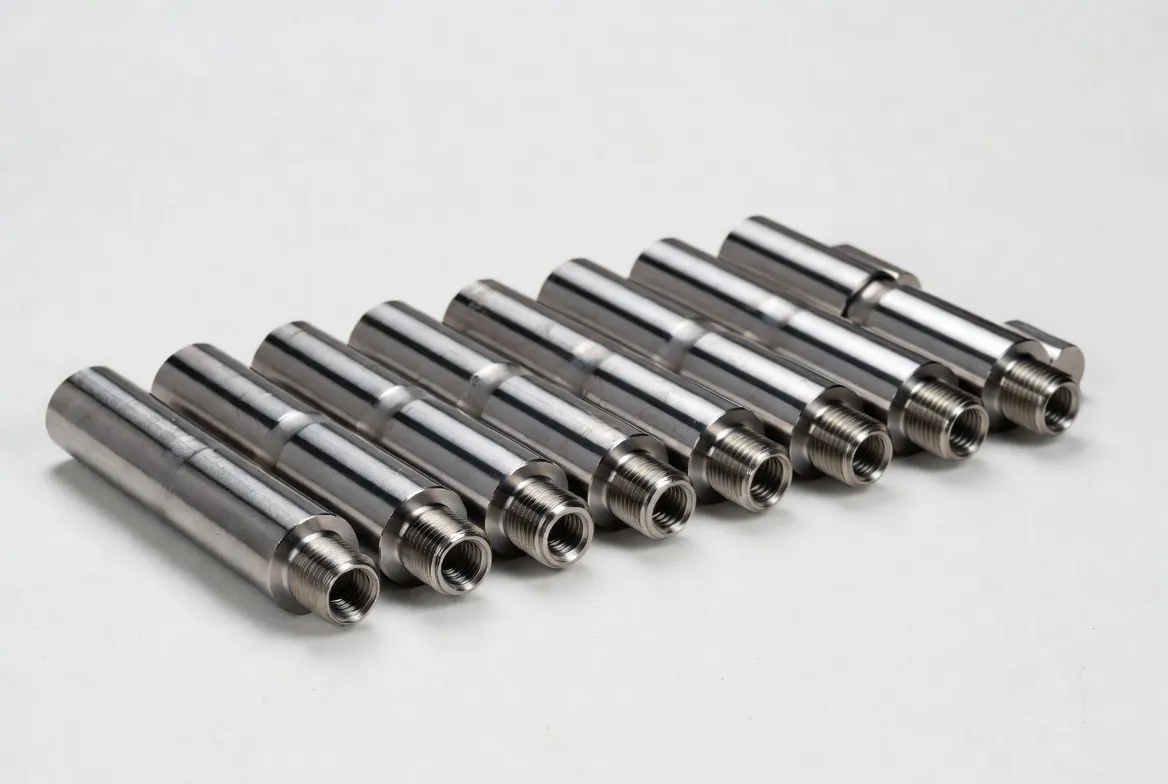 Multiple identical nickel-plated CNC steel industrial shafts and connecting components arranged neatly in a row on a white background.