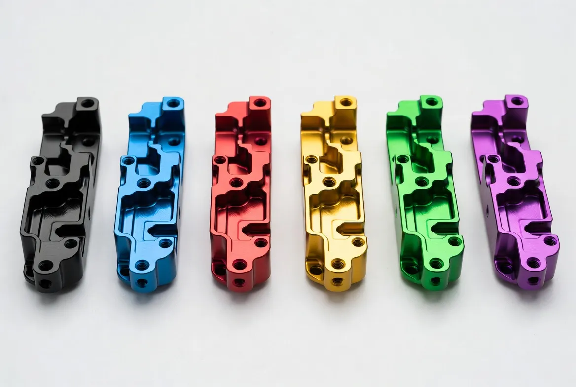 Six identical CNC machined aluminum parts in black, blue, red, gold, green, and purple anodizing finishes arranged side by side on a white background.