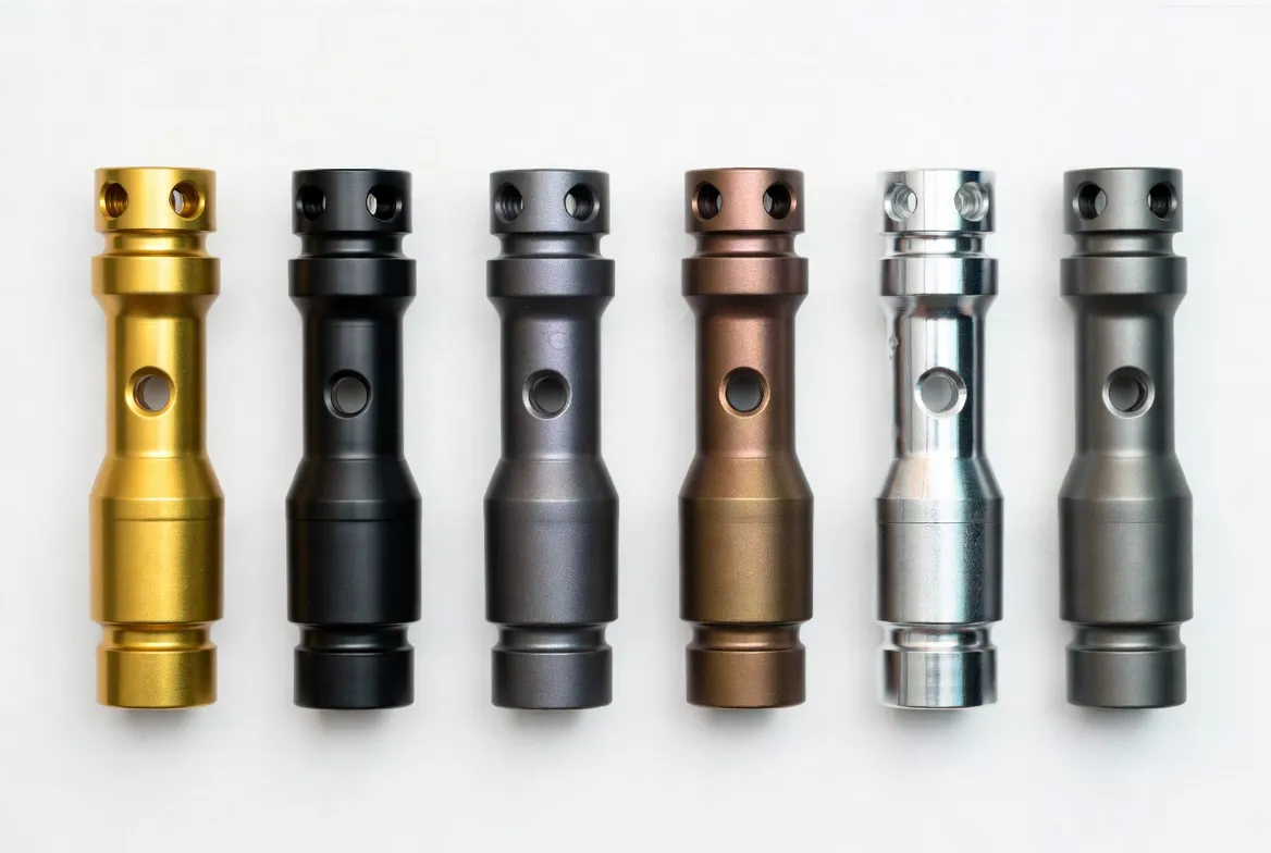 Multiple identical CNC precision parts in different PVD coating colors (gold, black, gray, bronze, silver, charcoal) arranged neatly in a row on a white background.
