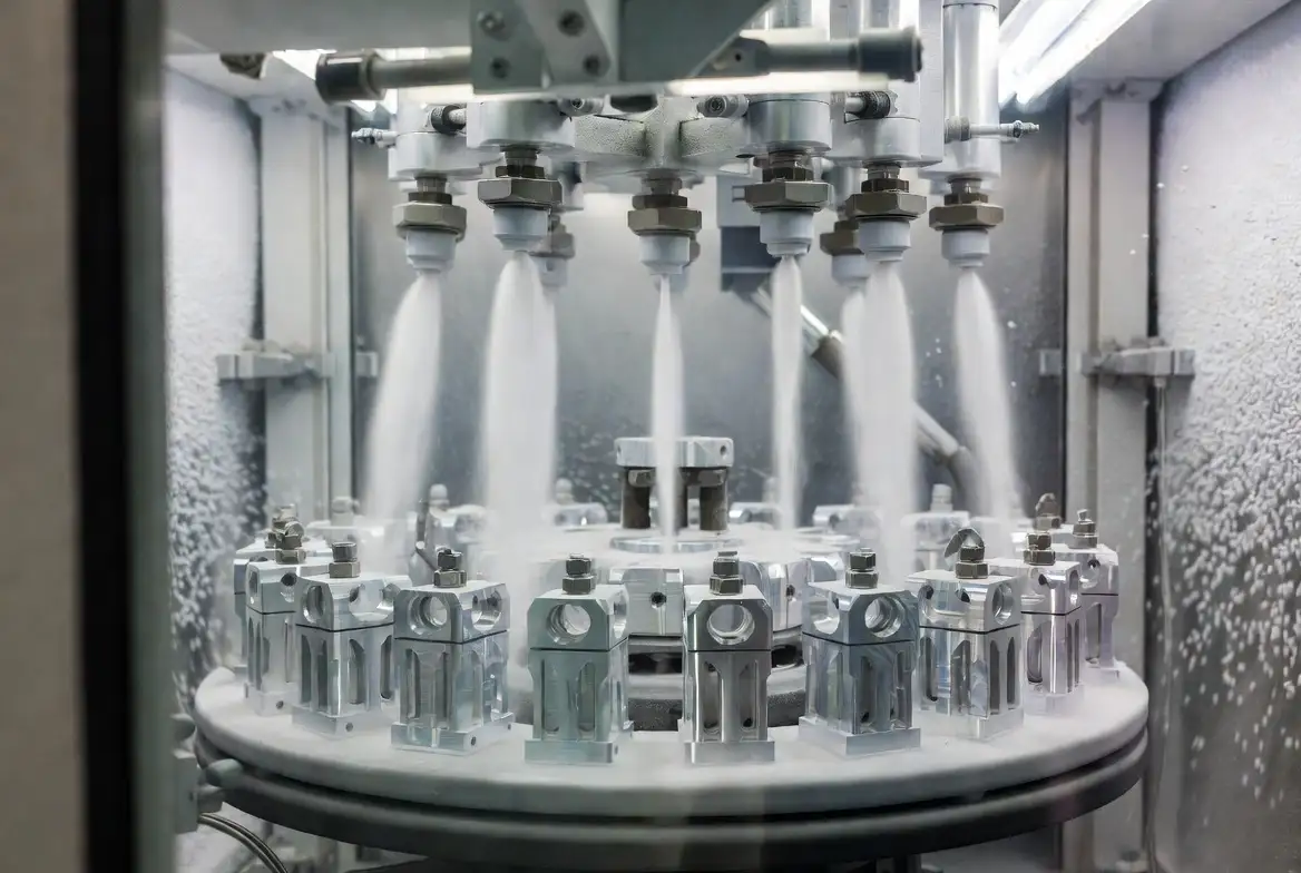 CNC aluminum parts on a rotating turntable inside a bead blasting cabinet, with multiple nozzles spraying directed streams of glass beads onto the rotating components.