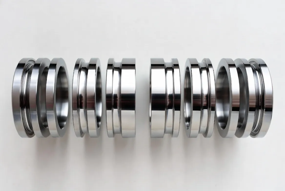 Multiple identical electropolished CNC stainless steel industrial fittings and collars arranged neatly in a row on a white background.