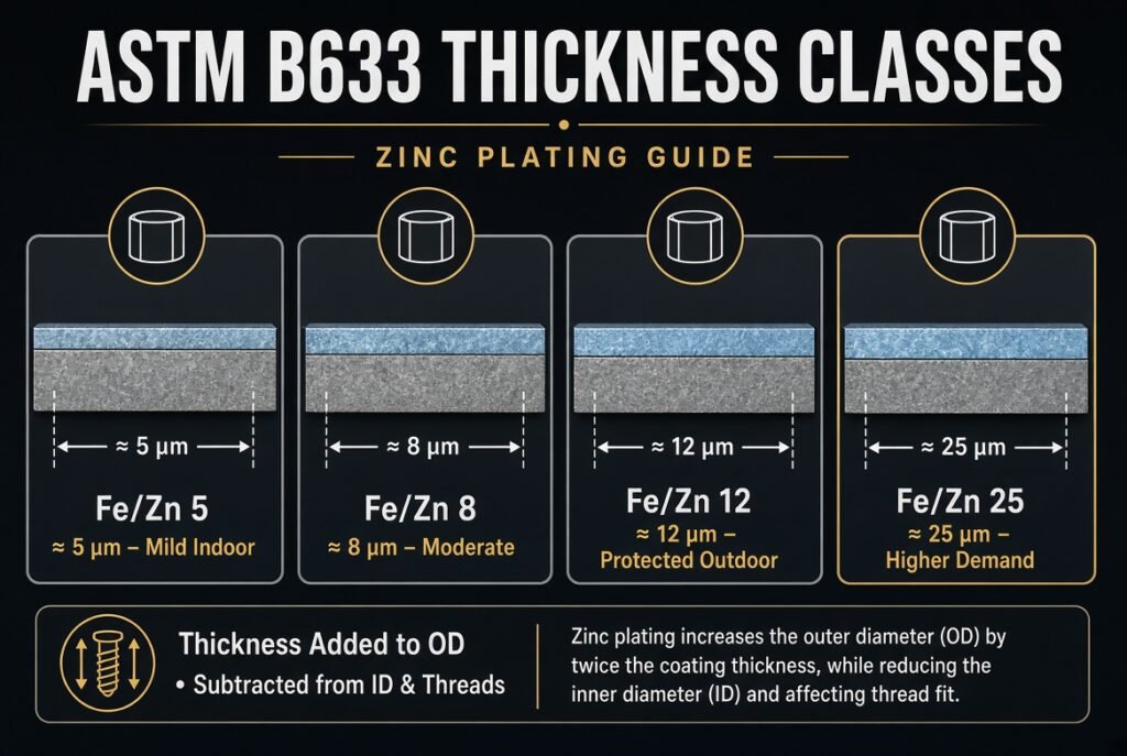 Zinc plating thickness classes Fe/Zn 5 to 25 with clear English labels for service conditions and dimensional effect
