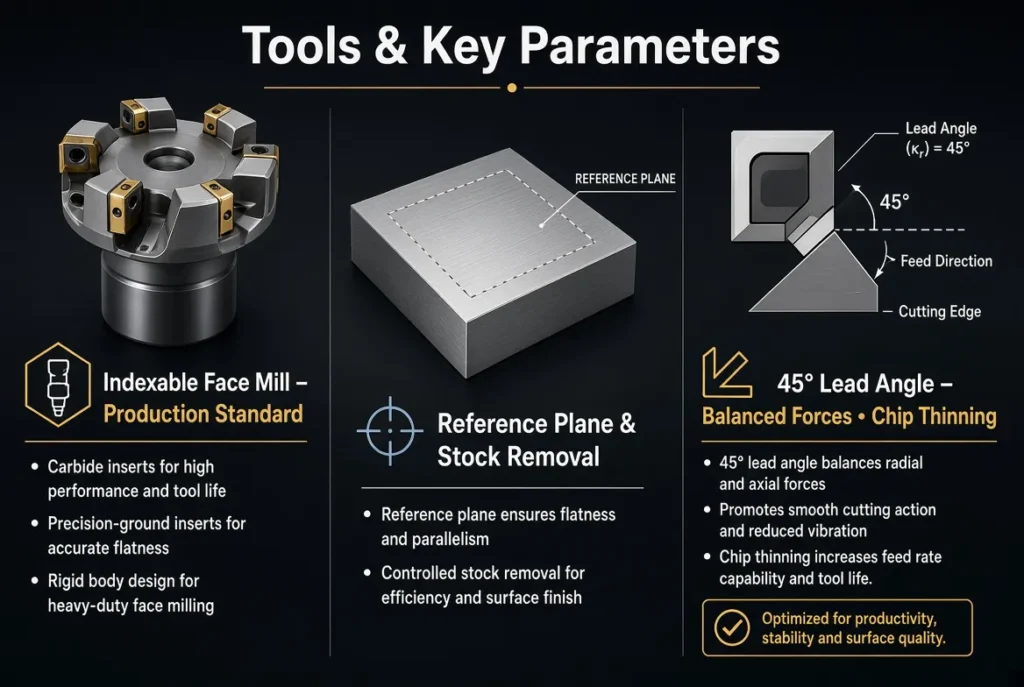 Indexable face mill, finished flat surface, and 45° lead-angle explanation with clear English labels for tools and advantages These three featured images are newly generated with clear, professional English text overlays based on the face milling article. They cover the core process definition, the kinematic difference from peripheral milling, and the standard tooling plus practical advantages.