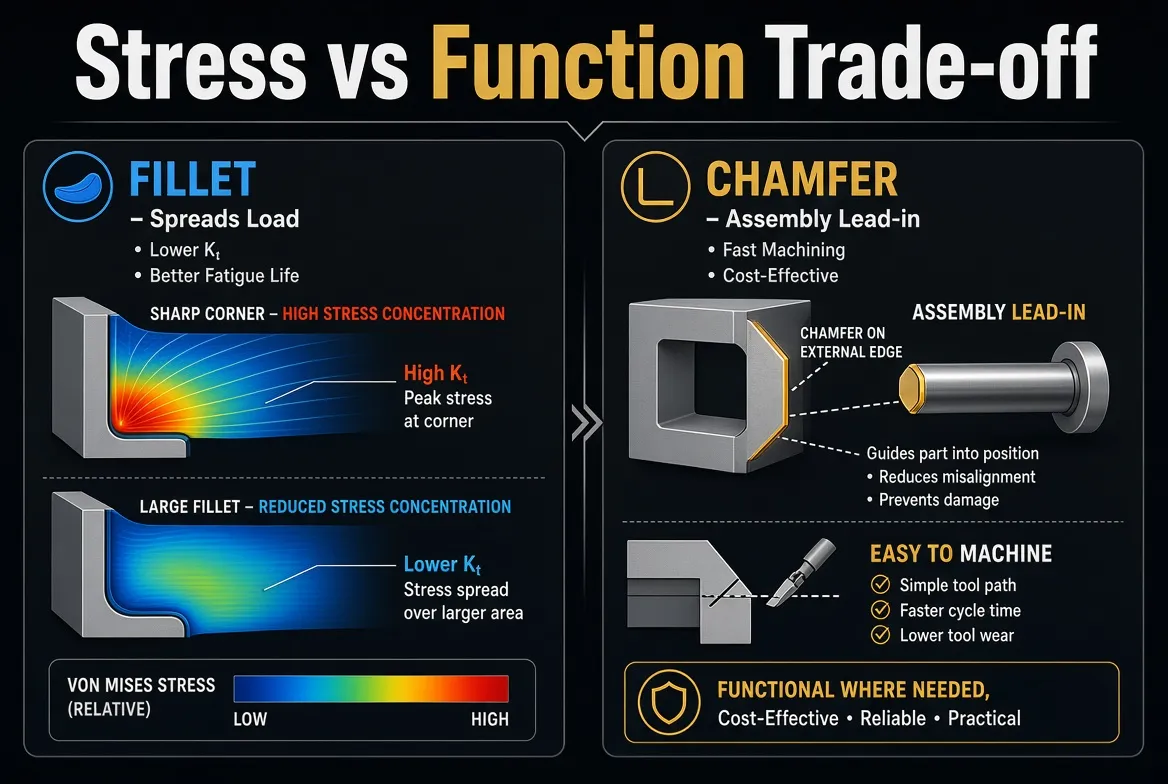 Diagram comparing stress reduction with fillets versus assembly lead-in benefits of chamfers with clear English explanations
