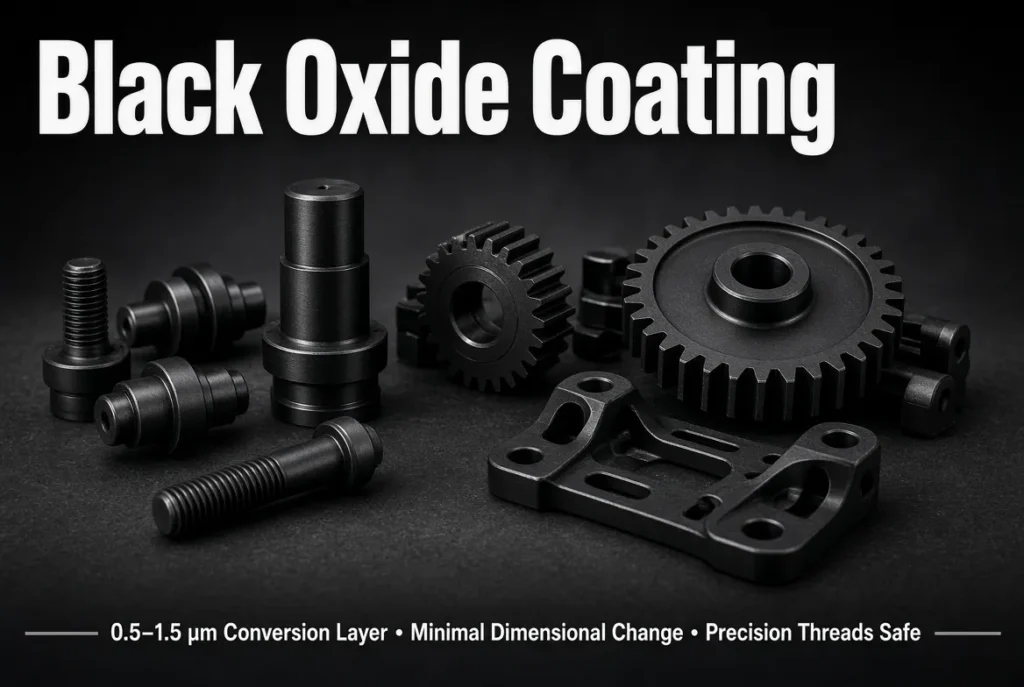 Matte black oxide coated CNC steel bolts, shafts and gears with English labels highlighting thin conversion layer and dimensional stability