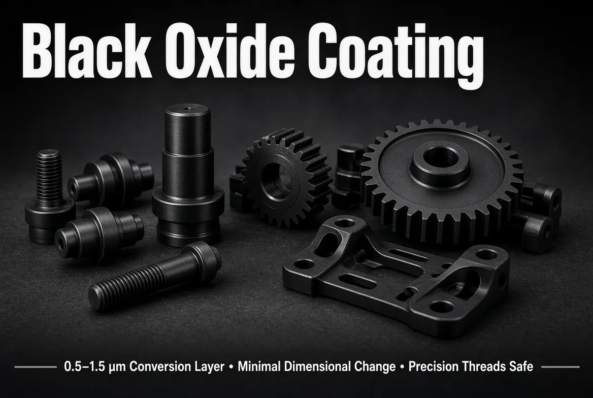 Matte black oxide coated CNC steel bolts, shafts and gears with English labels highlighting thin conversion layer and dimensional stability