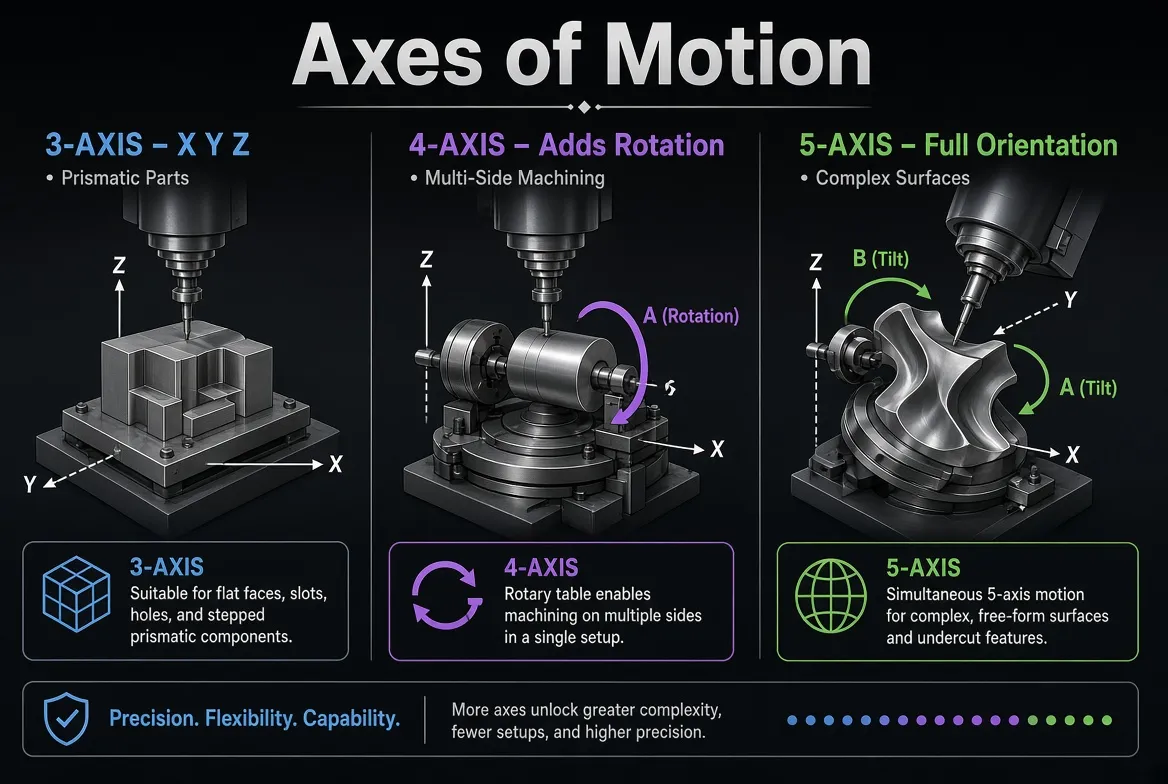 Illustration of 3-axis, 4-axis and 5-axis milling with clear English labels for capability differences