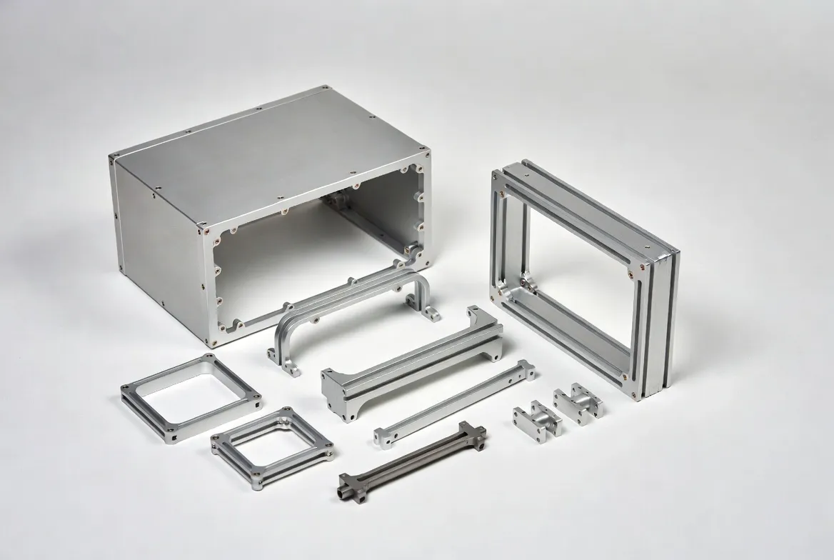 Medical aluminum alloy equipment parts: diagnostic device enclosures, equipment frames and instrument handles in 6061 and 7075 medical-grade aluminum with lightweight silver finish on clean white background
