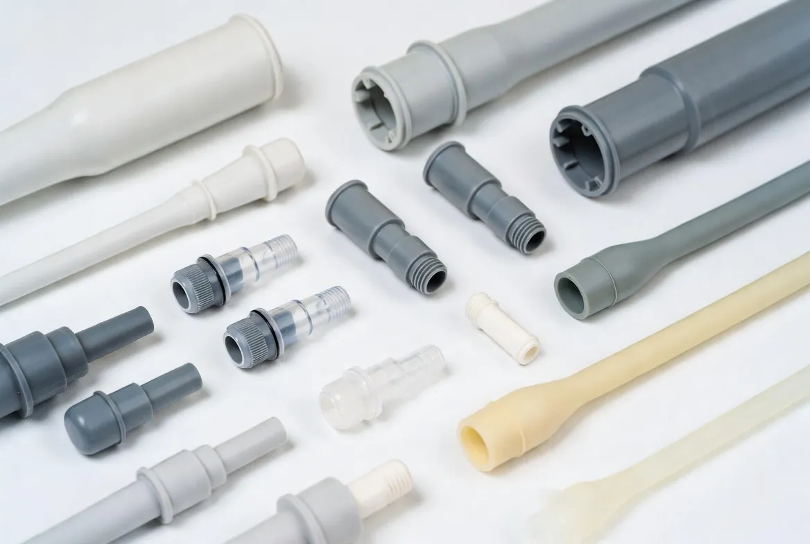 Medical-grade engineering plastics and silicone components: device housings, connectors, tubing and disposable surgical instruments in ABS, PC/ABS, medical silicone on clean white background