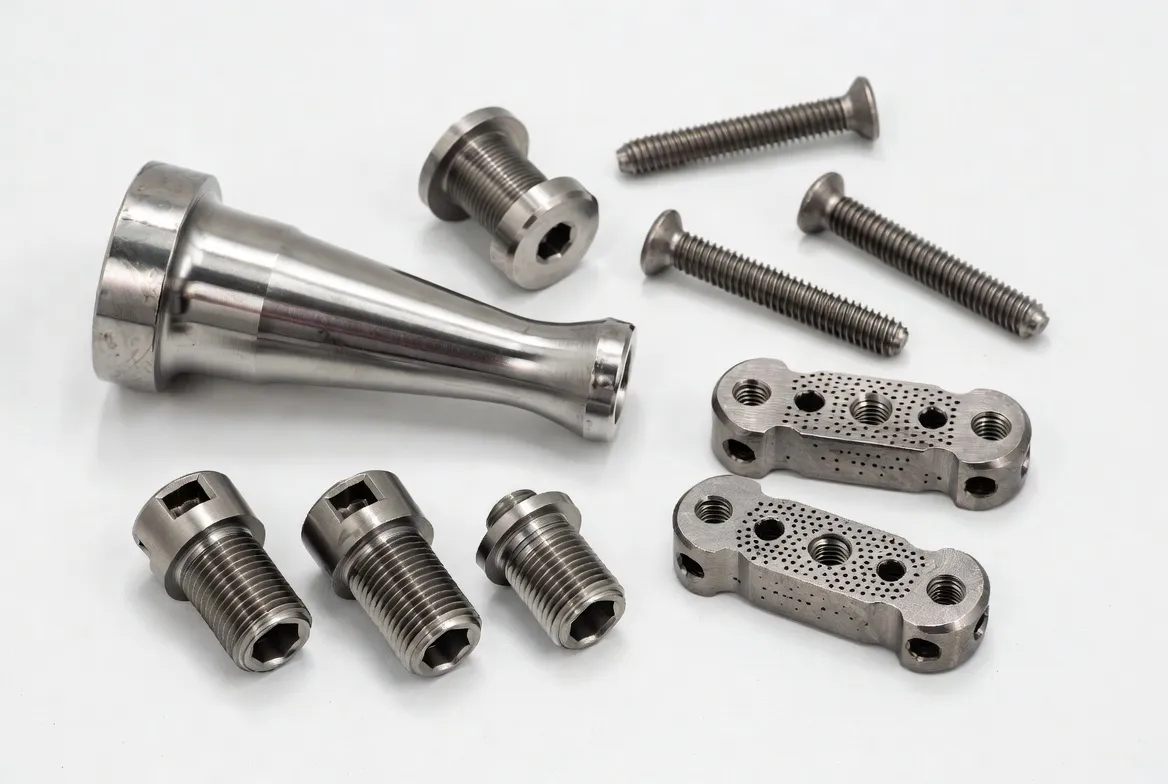 Medical-grade titanium (Ti-6Al-4V ELI, Grade 2) orthopedic and dental implants including hip stems, dental implants, surgical screws and spinal cages with metallic gray finish on clean white background
