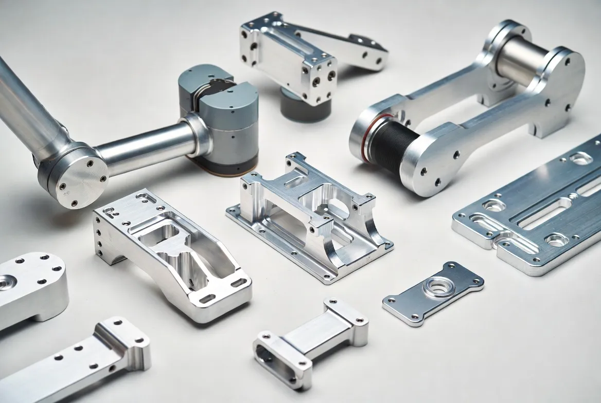 CNC machined aluminum alloy robotics components including robot arms, joint housings, end-effector frames and mounting plates in 6061, 7075, 5052 alloys with lightweight silver finish on clean white background