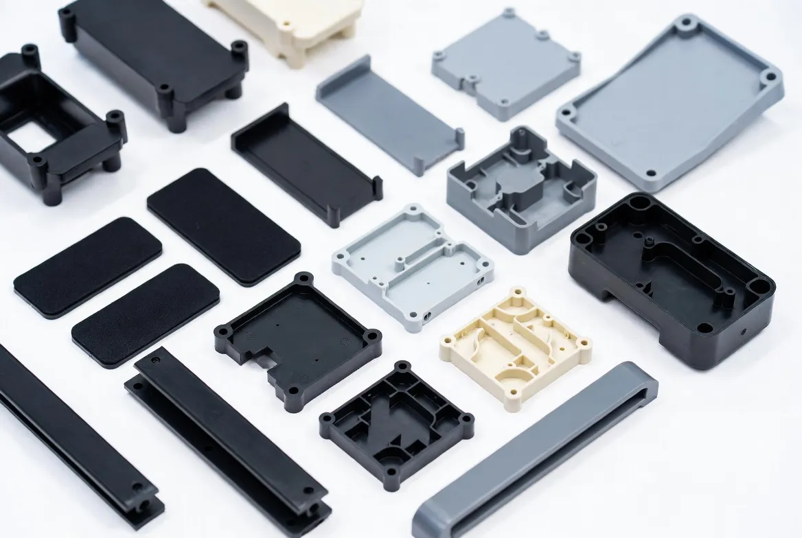 Injection molded and CNC machined engineering plastics robotics parts: gripper pads, housings, cable guides, sensor mounts and covers in PA6, PA66, PEEK, ABS+PC, POM on clean white background