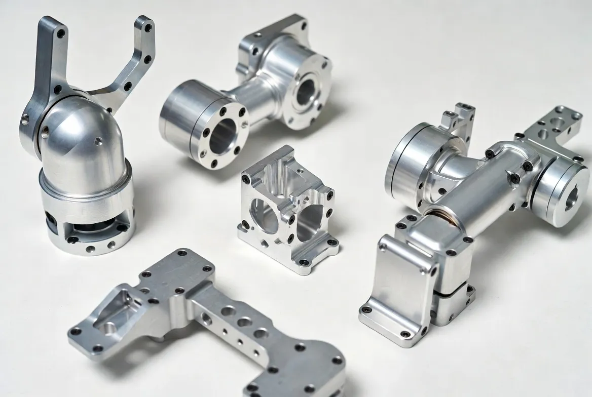 Die cast and CNC machined magnesium alloy ultra-lightweight robotics components: robot arms, rotating components and structural brackets with silver-gray finish on clean white background