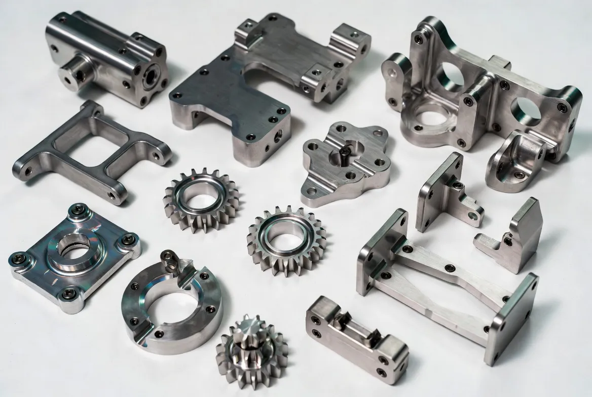 CNC machined and sheet metal fabricated stainless steel robotics parts for hygienic environments: food-grade automation components, medical robotics parts and frames in 304, 316, 17-4PH with polished finish on clean white background