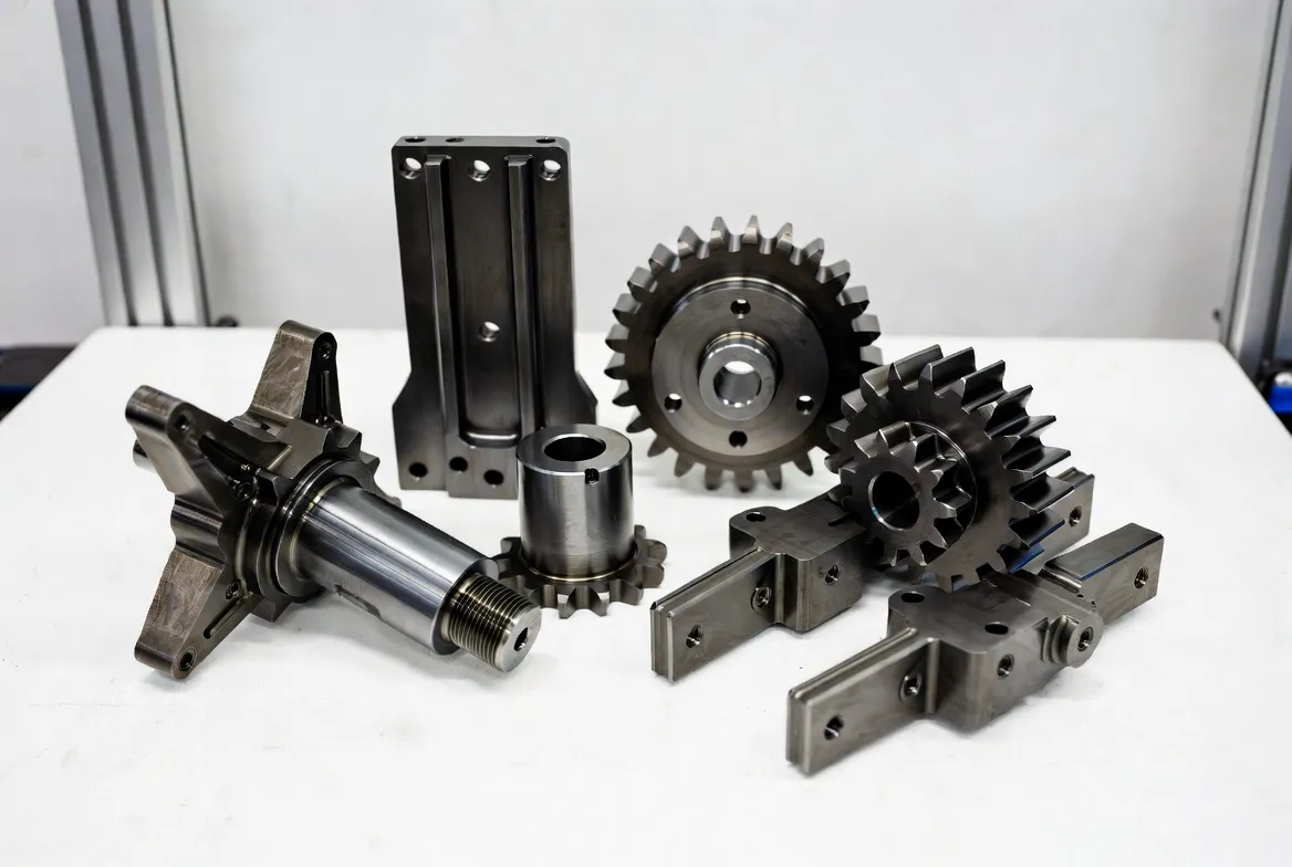 CNC and EDM machined tool steel and alloy steel robotics mechanisms: shafts, gears, gripper fingers and wear plates in 4140, 4340, tool steels with dark metallic finish on clean white background